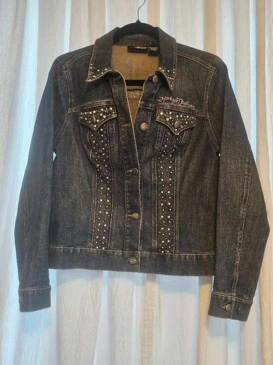 Harley-Davidson Jackets & Blazers - Harley Davidson Womens M Rhinestone Studded Denim Jacket Bling Wings
